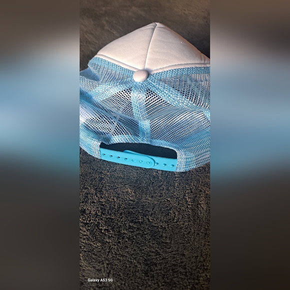 White and Blue Trucker Hat with Mushroom Patch - Picture 3 of 4